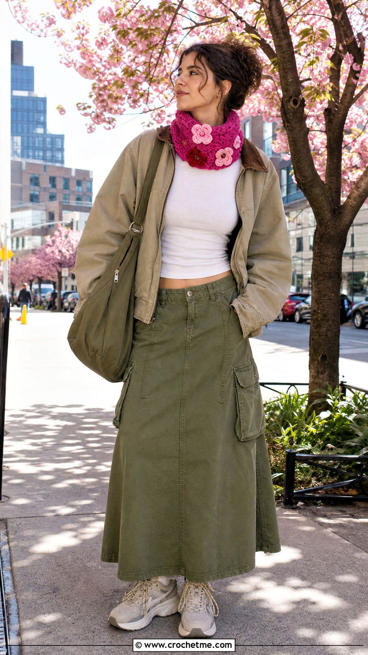 Floral Applique Crochet Cowl With Cargo Skirt - 35 crochet cowl outfit ideas