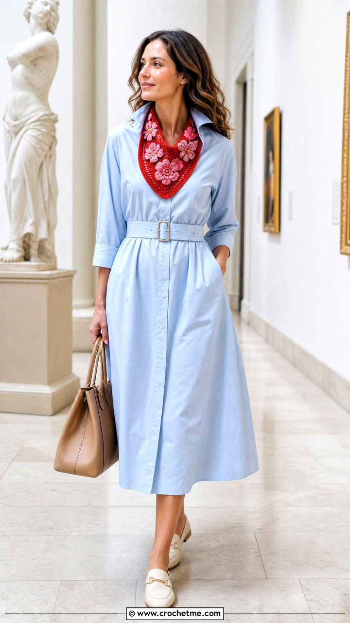 Floral Applique Crochet Cowl With Poplin Dress - 35 crochet cowls outfit ideas