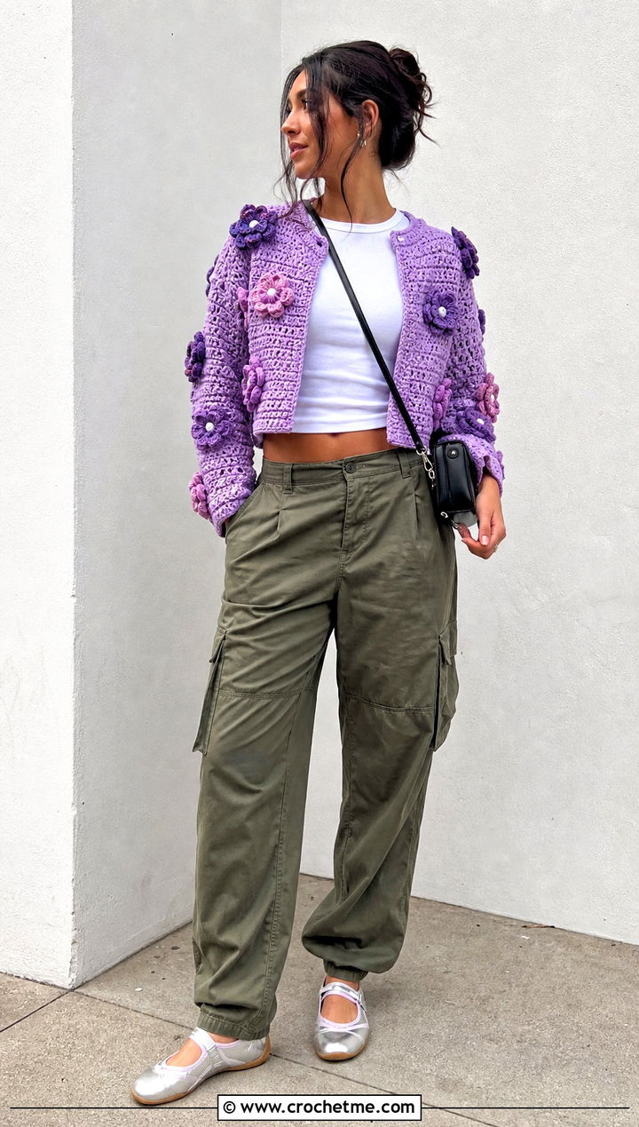 Floral Applique Crochet Crop Cardigan With Cargo Pants - 30 crochet crop cardigan outfit ideas