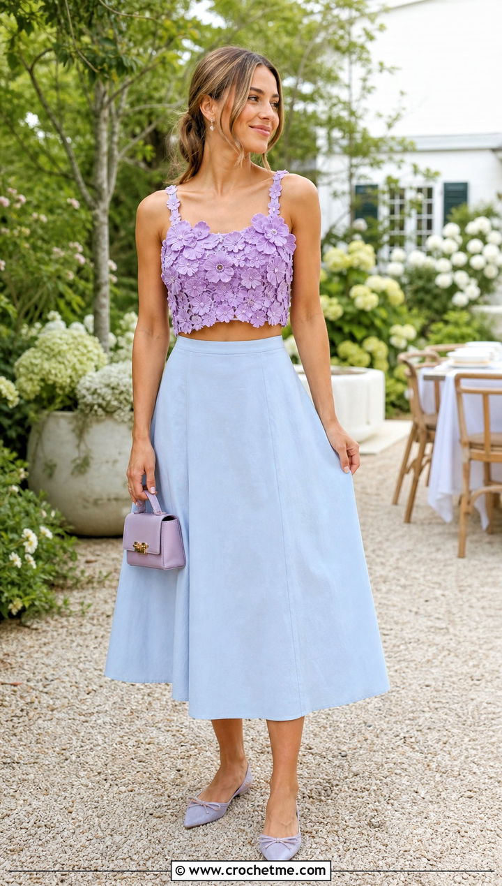Floral Applique Crochet Crop Top With A Line Midi Skirt - 25 crocheting crop top outfit ideas