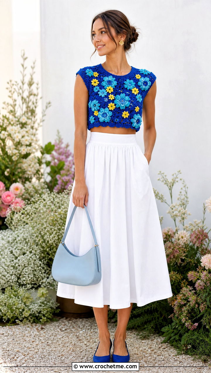 Floral Applique Crochet Crop Top With Poplin Skirt - 25 Crochet Summer Crop Tops outfit ideas