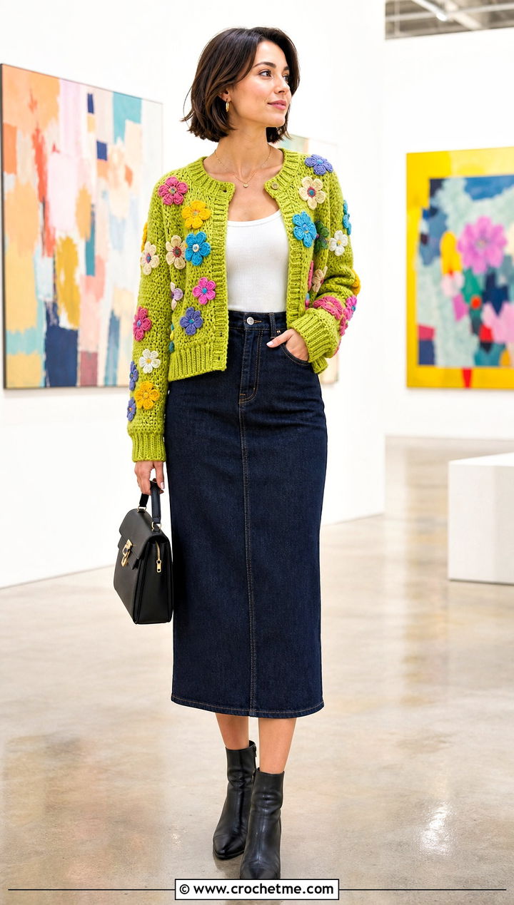 Floral Applique Crochet Cropped Cardigan With Denim Skirt - 20 Easy Crochet Cropped Cardigan outfit ideas