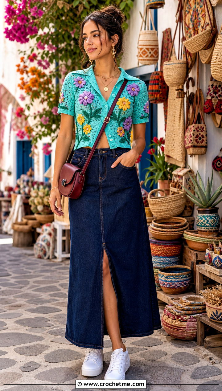 Floral Applique Crochet Cropped Shirt With Denim Maxi Skirt - 30 crochet cropped shirt outfit ideas