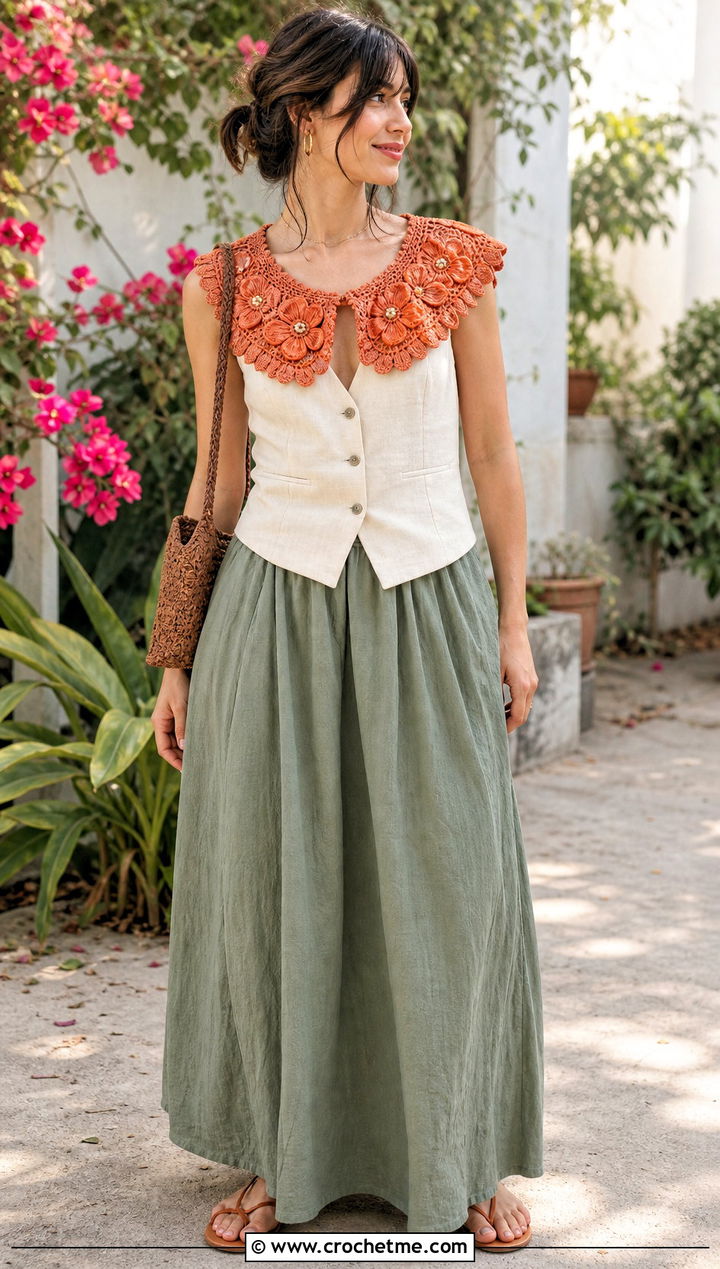 Floral Applique Crochet Doll Collar With Linen Vest And Maxi Skirt - 25 Crochet Doll Collar outfit ideas