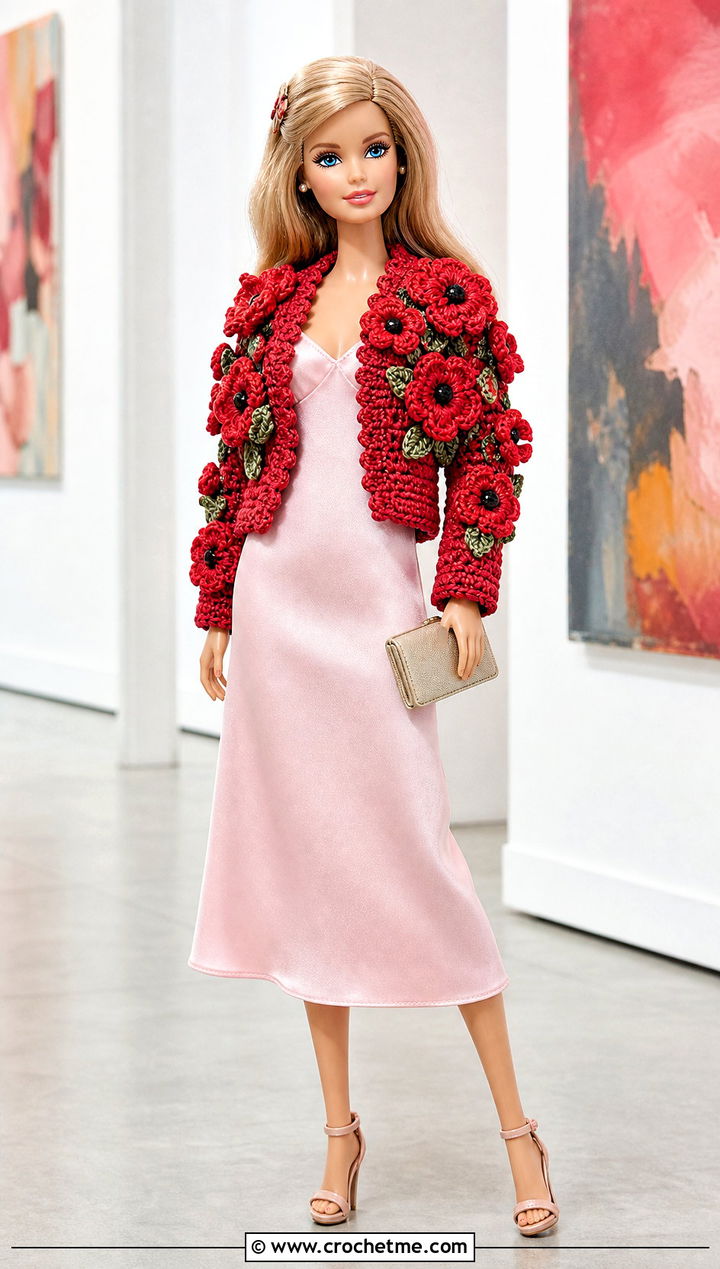 Floral Applique Crochet Doll Jacket With A Slip Dress - 30 crochet doll jacket outfit ideas