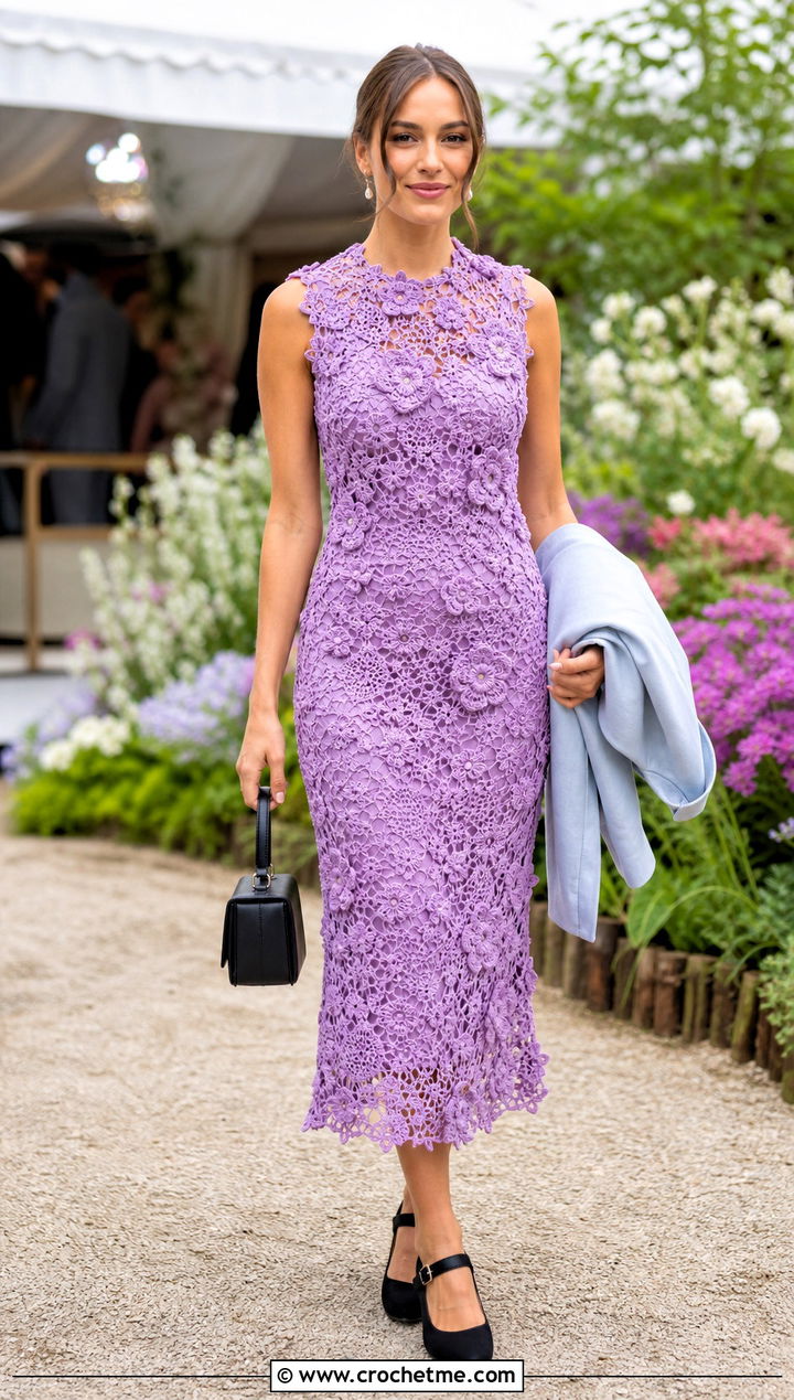 Floral Applique Crochet Dress With Mary Jane Shoes - 30 crochet for dresses outfit ideas