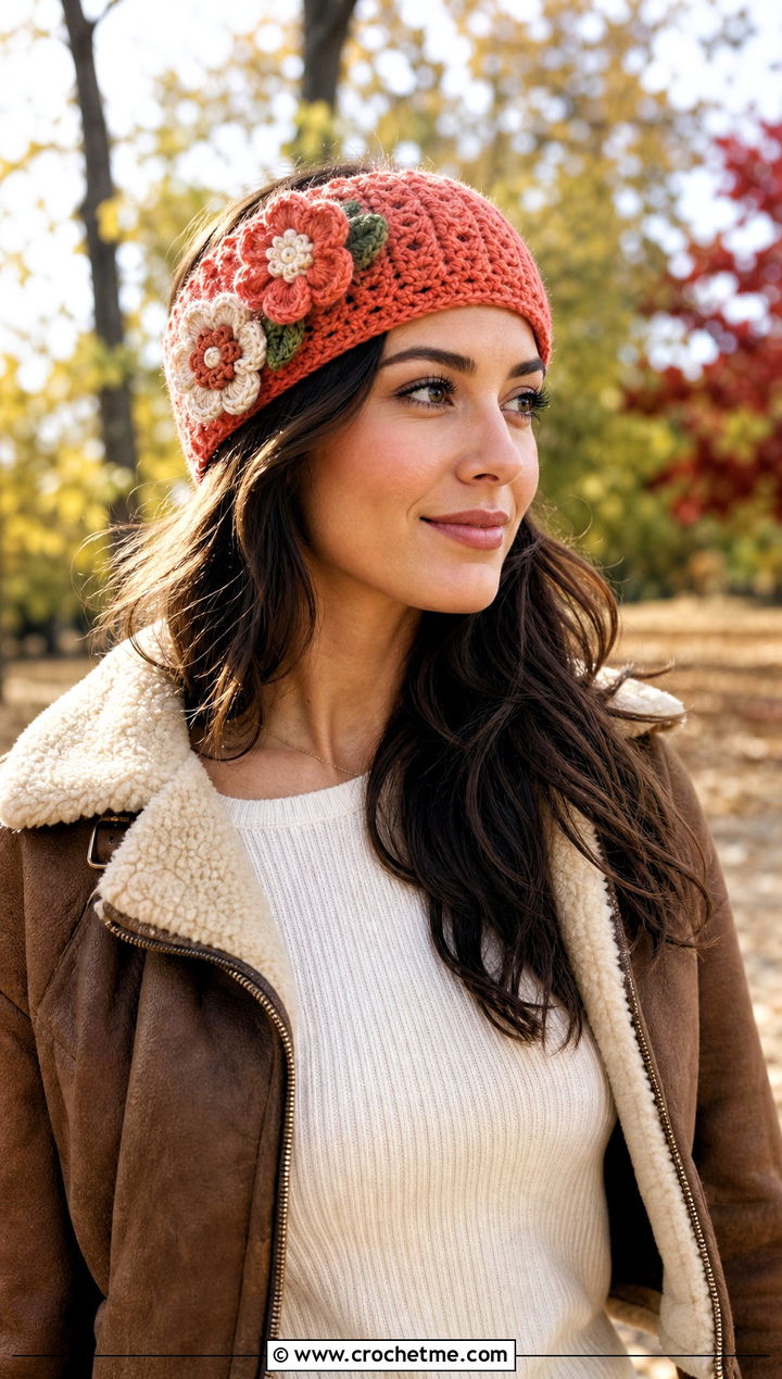 Floral Applique Crochet Ear Wrap With Modern Boho Outfit - 20 crochet ear wrap outfit ideas