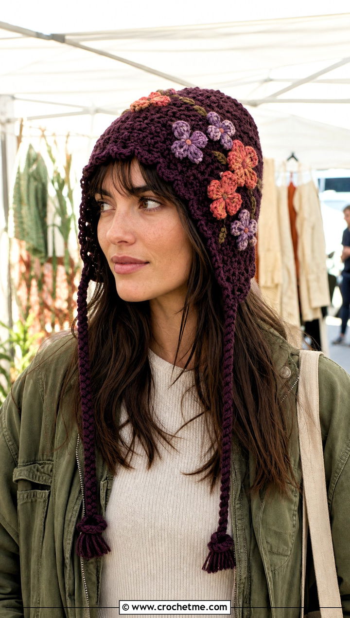 Floral Applique Crochet Earflap Hat With Utility Jacket - 15 Crochet Hat With Earflaps outfit ideas