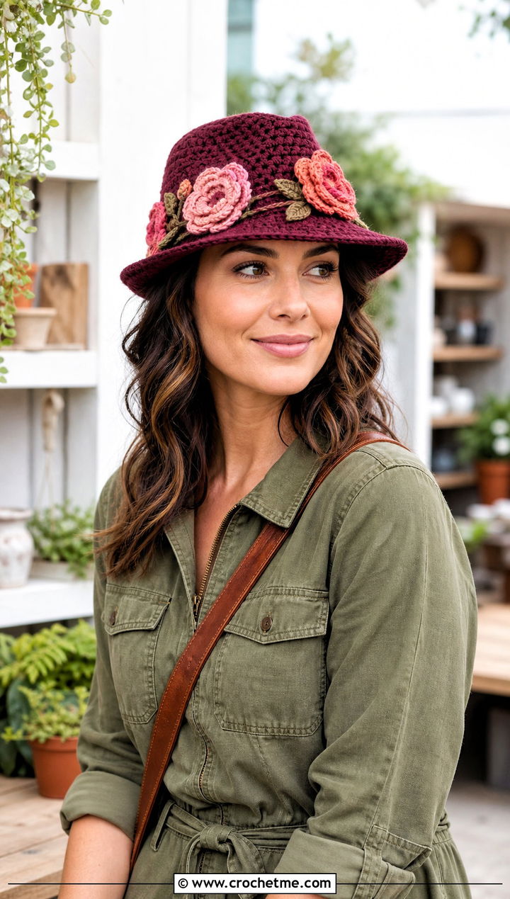 Floral Applique Crochet Fedora Hat With Utility Jumpsuit - 25 crochet fedora hat outfit ideas