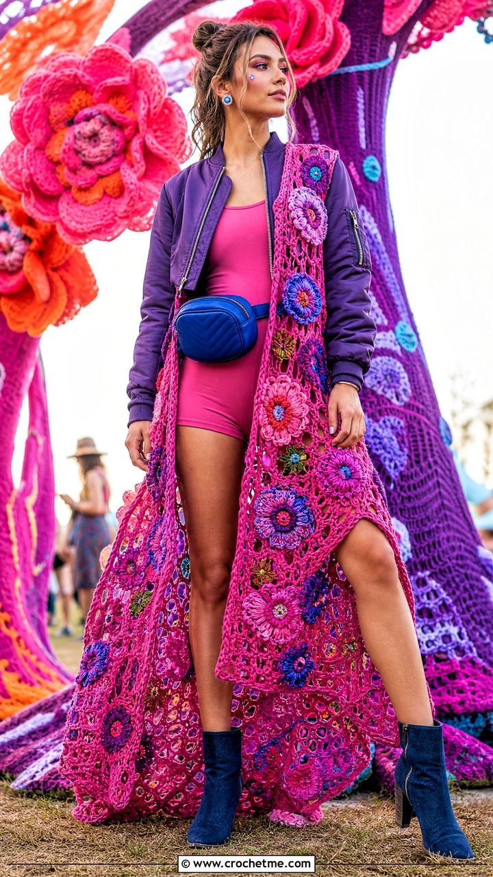 Floral Applique Crochet Festival Dress With Denim Boots - 35 crochet festival dress outfit ideas
