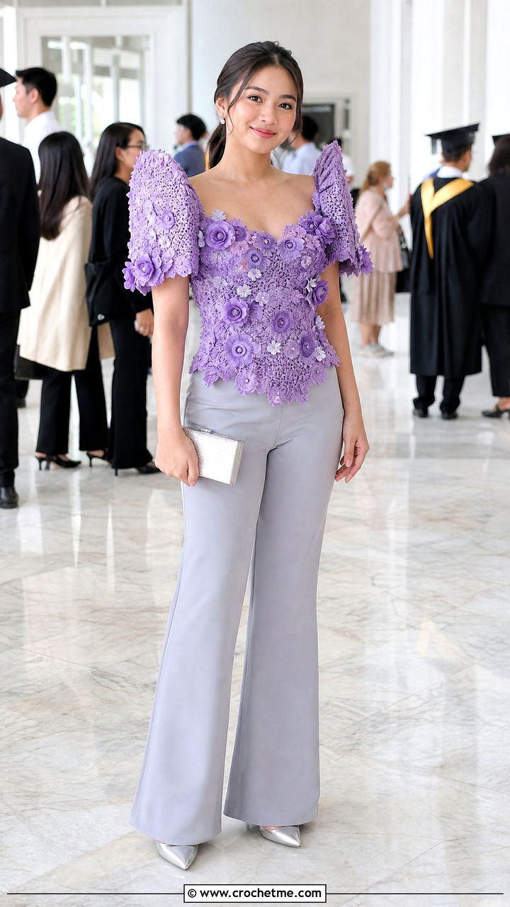 Floral Applique Crochet Filipiniana Top With Formal Trousers - 35 crochet filipiniana top outfit ideas