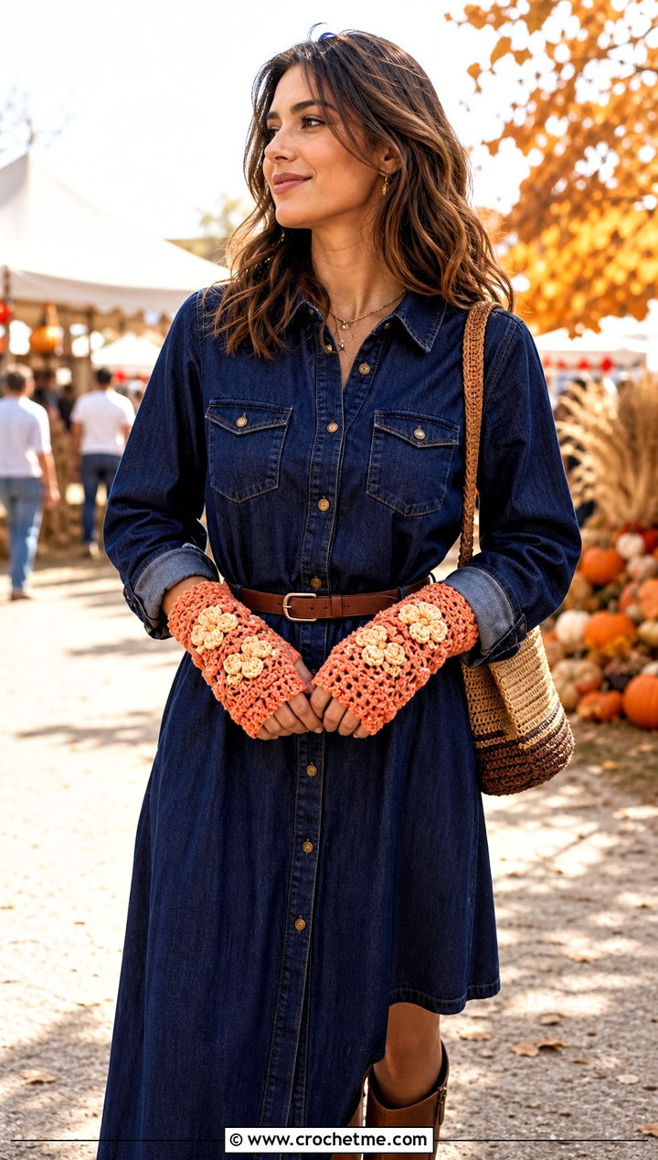 Floral Applique Crochet Fingerless Gloves With Denim Dress - 25 finger less crochet gloves outfit ideas