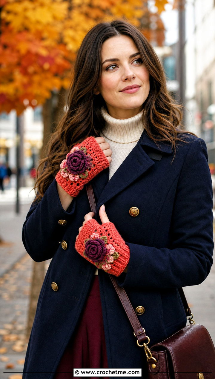 Floral Applique Crochet Fingerless Gloves With Flap And Peacoat - 30 crochet fingerless gloves with flap outfit ideas