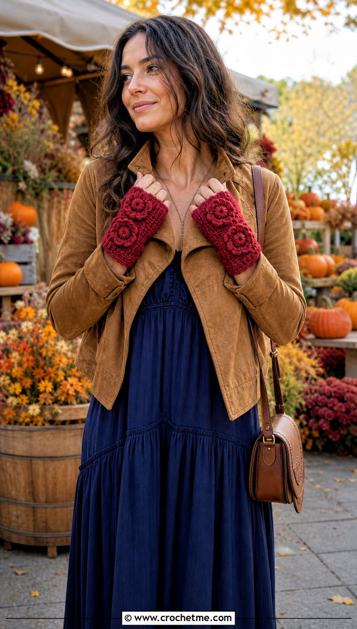 Floral Applique Crochet Fingerless Gloves With Maxi Dress - 15 crochet finger gloves outfit ideas
