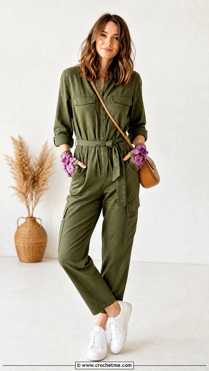 Floral Applique Crochet Fingerless Gloves With Utility Jumpsuit - 35 crochet fingerless gloves outfit ideas