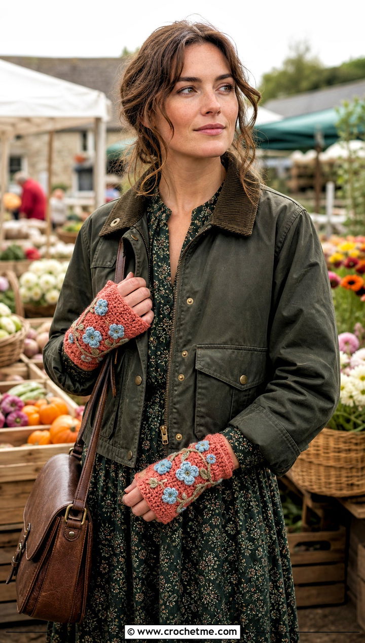 Floral Applique Crochet Fingerless Mitts With Prairie Dress - 25 Crochet Fingerless Mitts outfit ideas