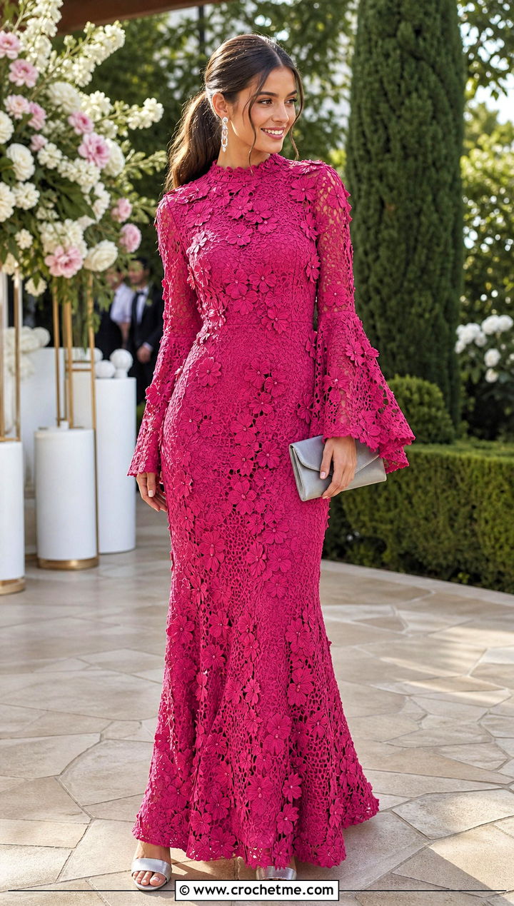 Floral Applique Crochet Fishtail Flare Sleeve Maxi Dress With Wedding Heels - 20 Crochet Fishtail Flare Sleeve Maxi Dress outfit ideas