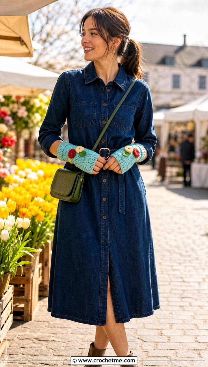 Floral Applique Crochet Gloves With Denim Dress - 25 Crochet For Fingerless Gloves outfit ideas