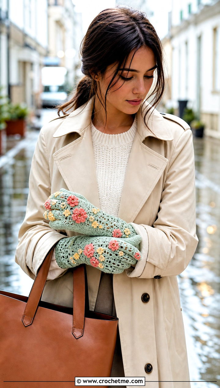 Floral Applique Crochet Gloves With Trench Coat - 25 crochet glove outfit ideas
