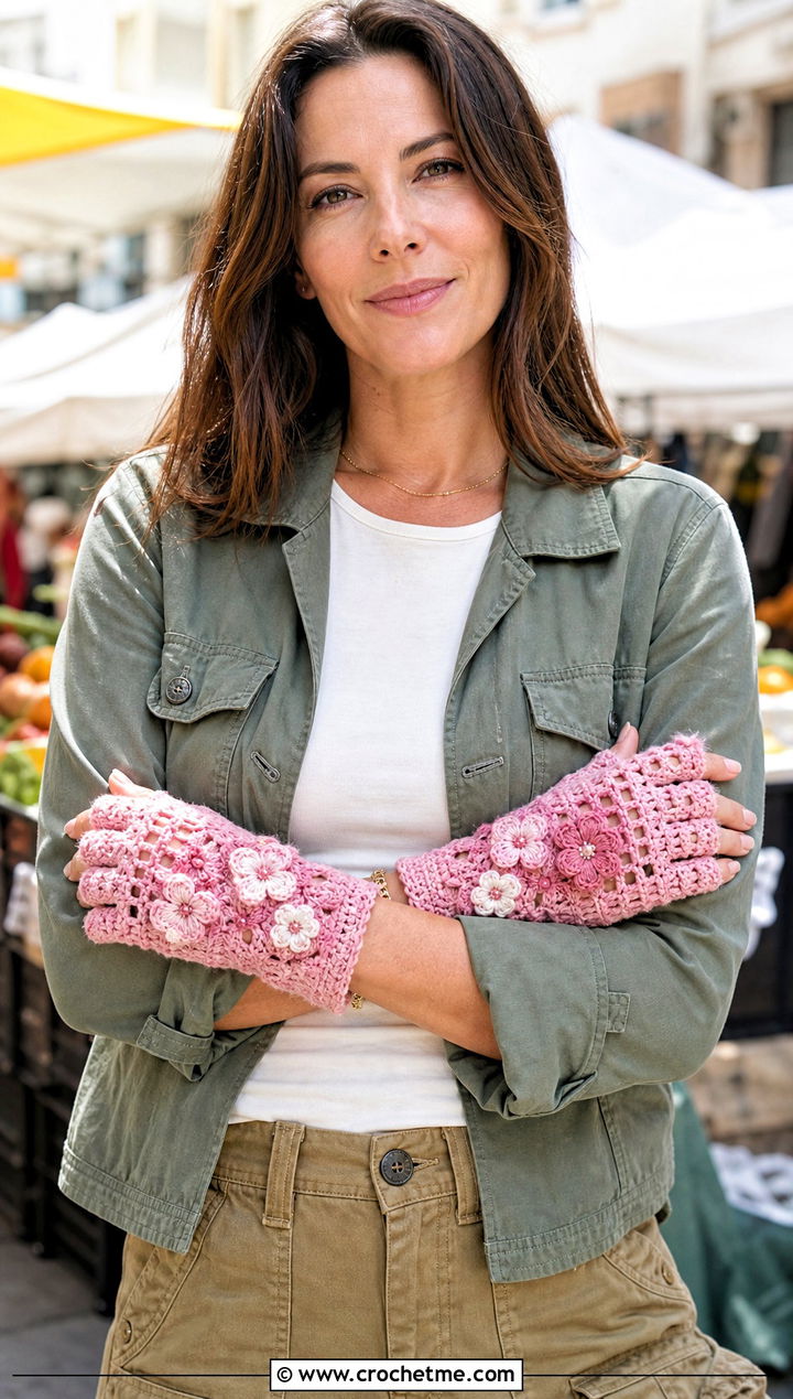 Floral Applique Crochet Gloves With Utility Jacket - 30 aesthetic crochet gloves outfit ideas