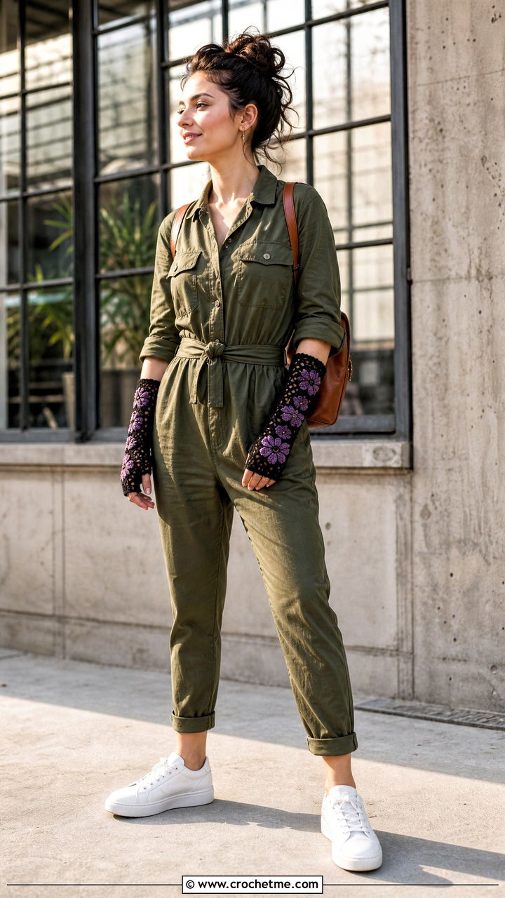 Floral Applique Crochet Gloves With Utility Jumpsuit - 35 crochet hand gloves outfit ideas