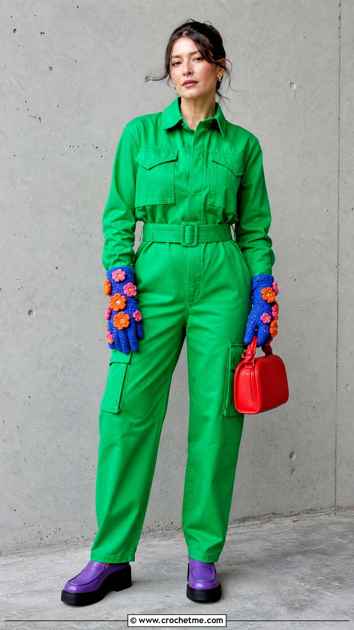 Floral Applique Crochet Gloves With Utility Jumpsuit - 35 crochet gloves outfit ideas