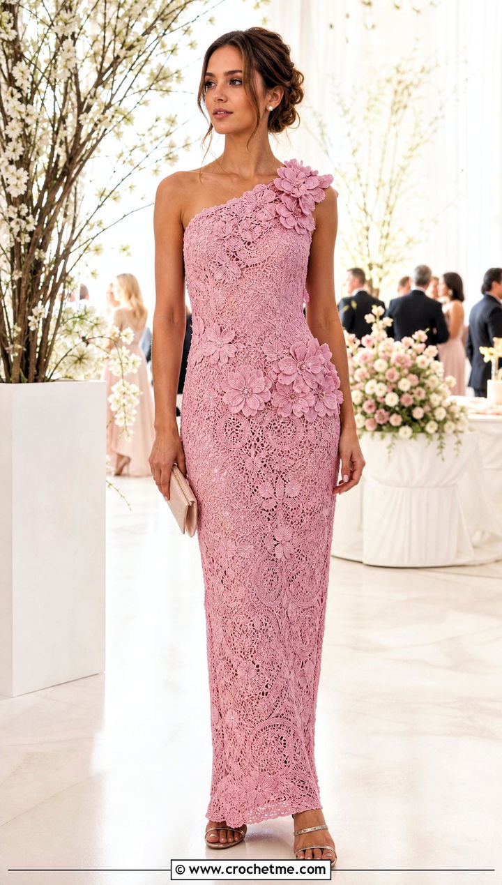 Floral Applique Crochet Gown With Simple Sandals - 35 Formal Crochet Dress outfit ideas