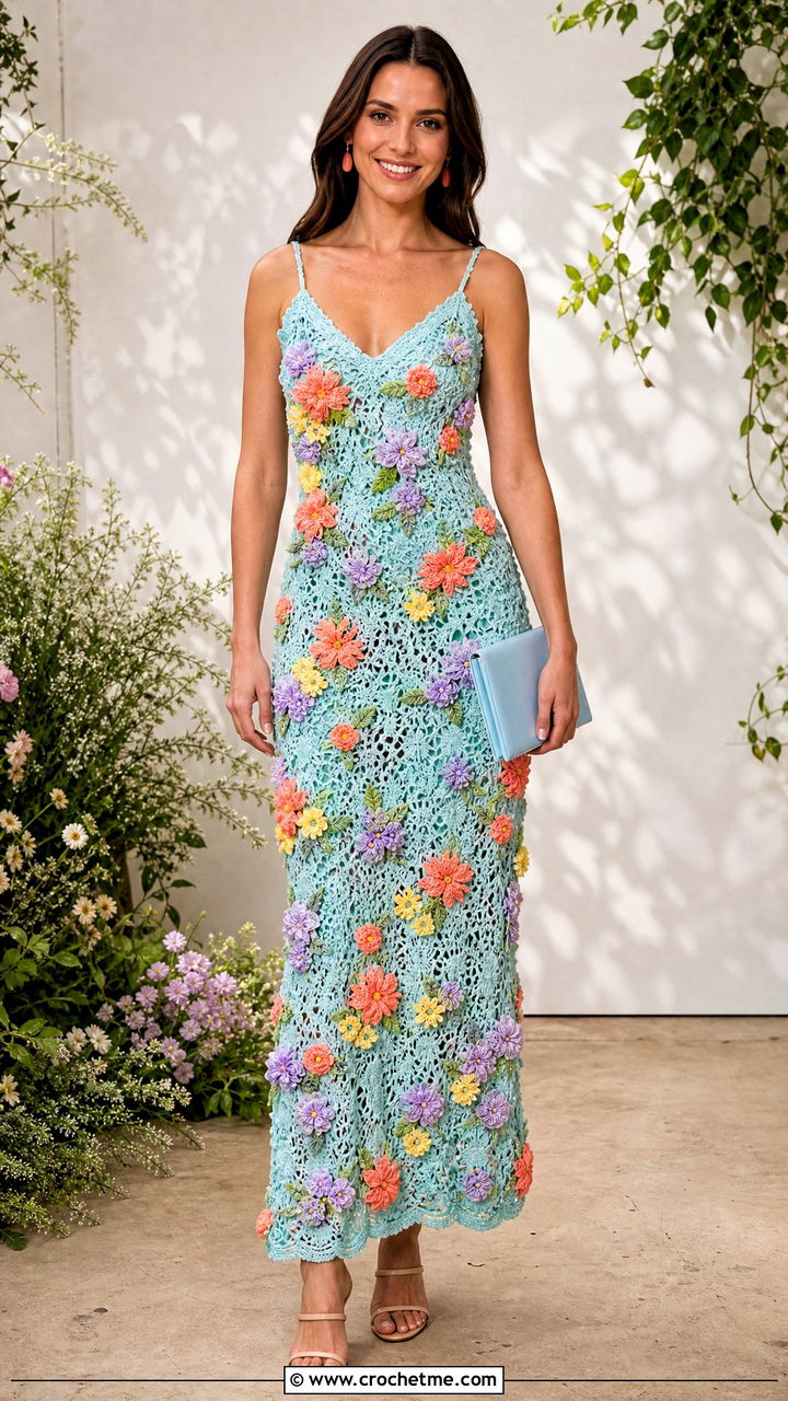 Floral Applique Crochet Gown With Strappy Heels - 35 crochet gown for ladies outfit ideas