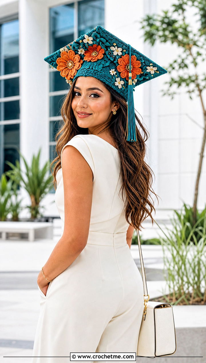 Floral Applique Crochet Graduation Cap Cover With Tailored Jumpsuit - 30 crochet graduation cap cover outfit ideas