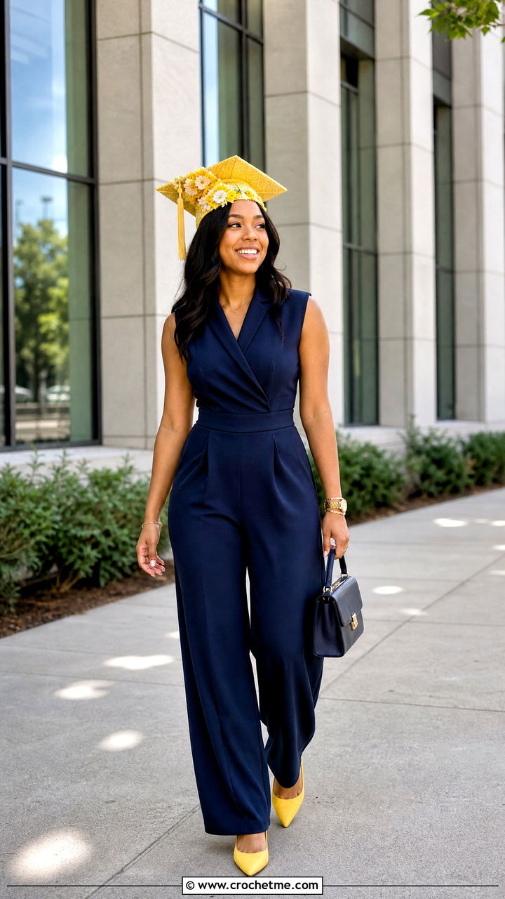 Floral Applique Crochet Graduation Cap With Navy Jumpsuit - 35 crochet graduation cap outfit ideas