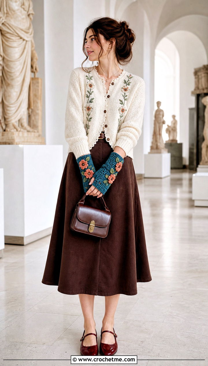 Floral Applique Crochet Handwarmers With A Midi Skirt - 35 crochet handwarmers outfit ideas