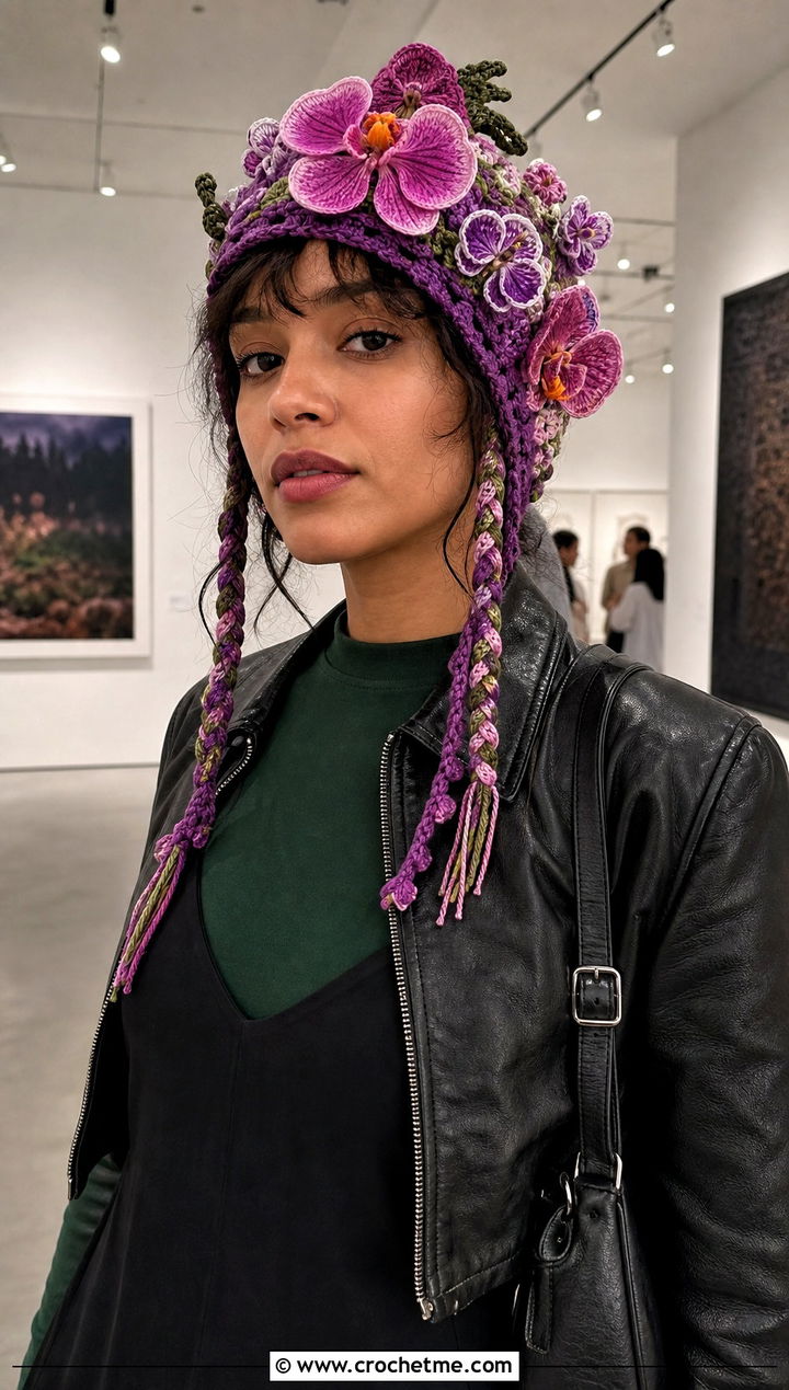Floral Applique Crochet Hat With Braids And Slip Dress - 30 crochet hat with braids outfit ideas