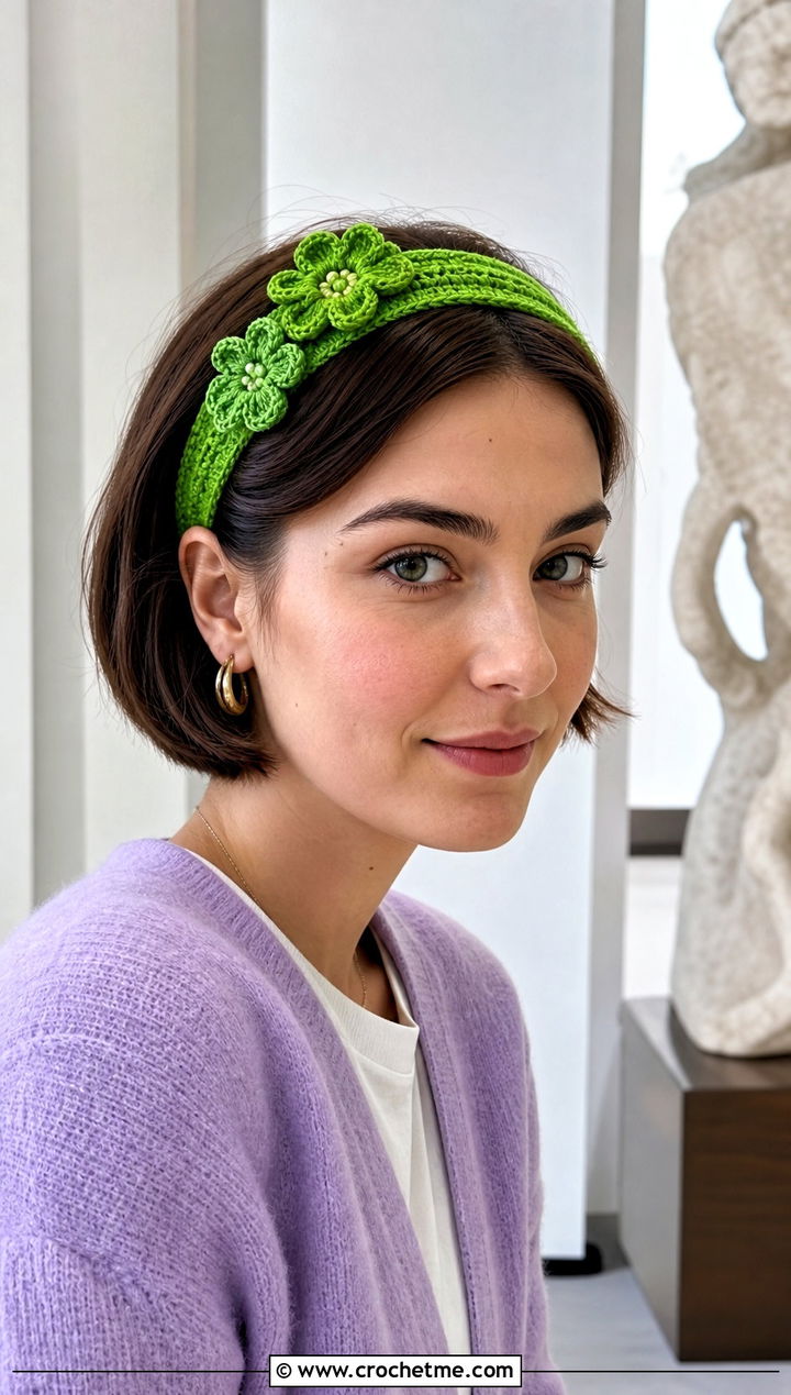 Floral Applique Crochet Headband With Cardigan And Skirt - 25 crochet headband for short hair outfit ideas