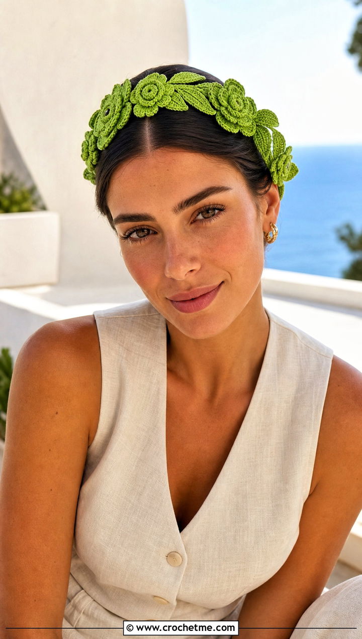 Floral Applique Crochet Headband With Linen Set - 30 crochet headband for women outfit ideas