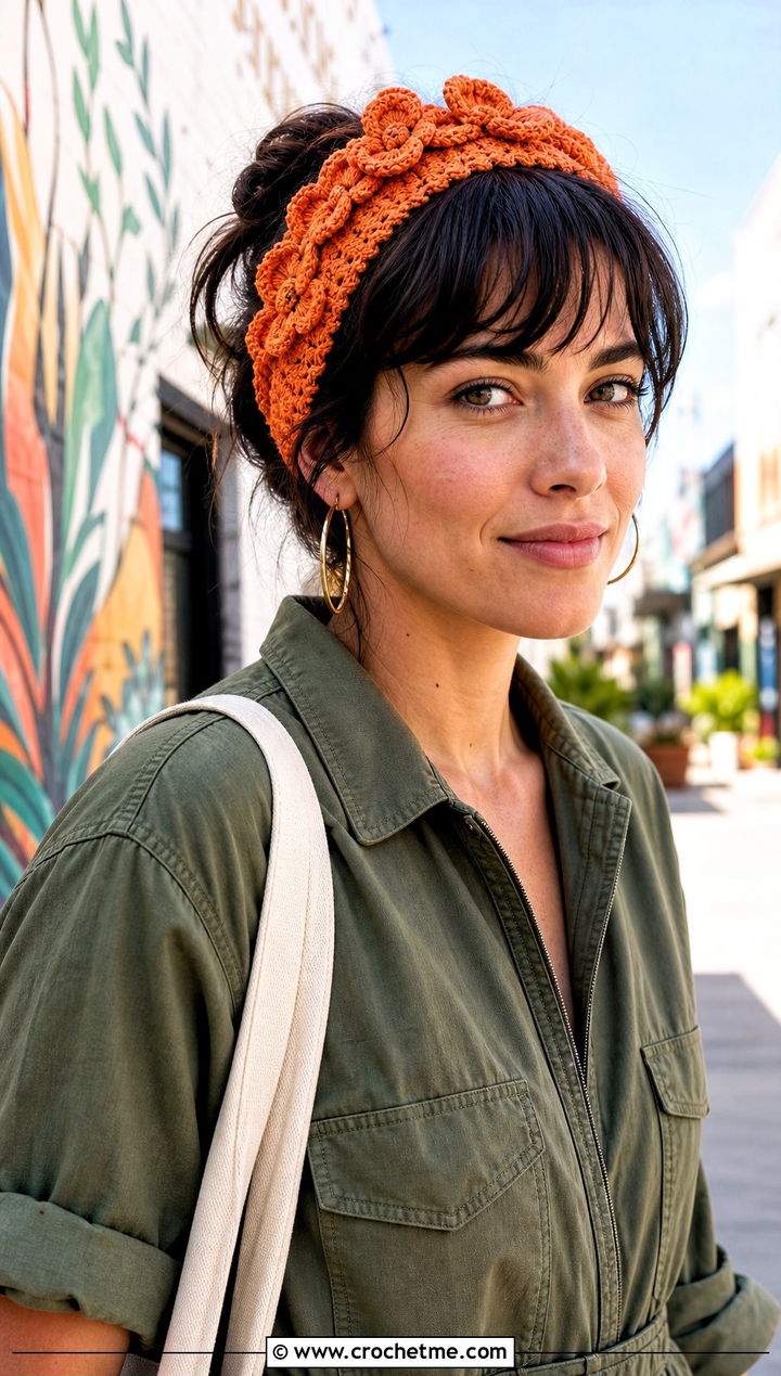 Floral Applique Crochet Headband With Utility Jumpsuit - 30 quick crochet headband outfit ideas