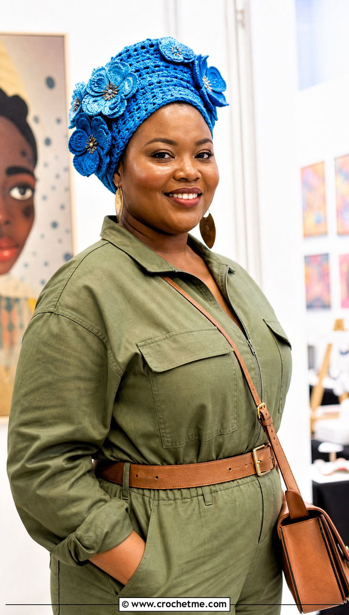 Floral Applique Crochet Headwrap With Utility Jumpsuit - 35 crochet headwrap outfit ideas