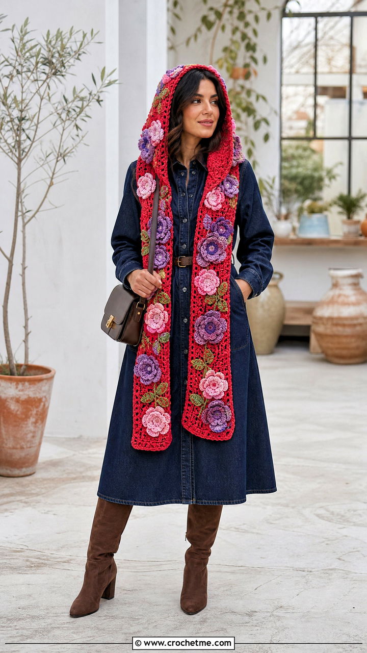 Floral Applique Crochet Hood Scarf With Denim Dress - 35 crochet hood scarf outfit ideas