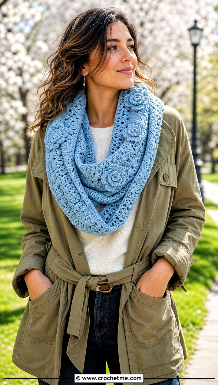 Floral Applique Crochet Infinity Scarf With Utility Jacket - 25 infinite crochet scarf outfit ideas