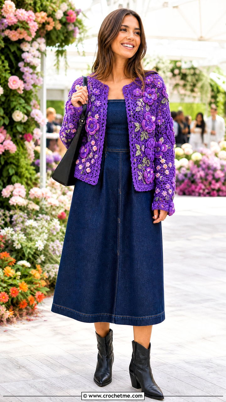 Floral Applique Crochet Jacket With Denim Dress - 35 crochet coats & jackets outfit ideas
