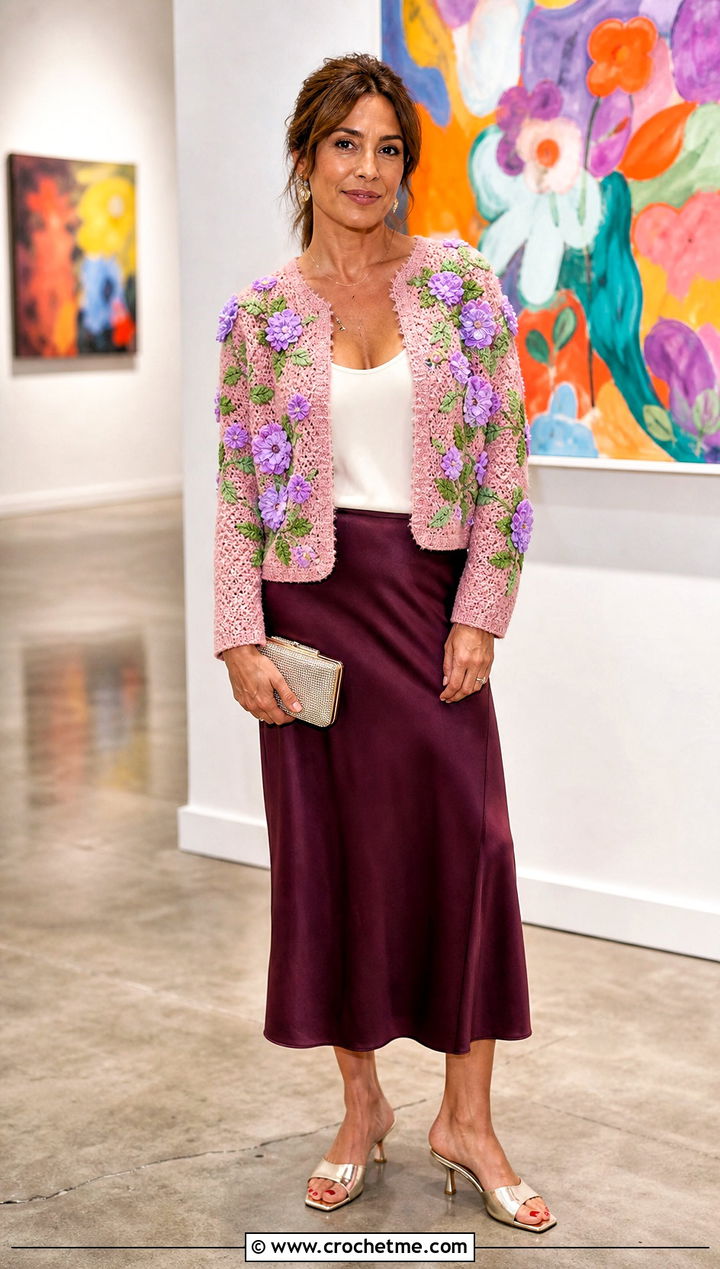 Floral Applique Crochet Jacket With Satin Midi Skirt - 25 crochet jacket for women outfit ideas