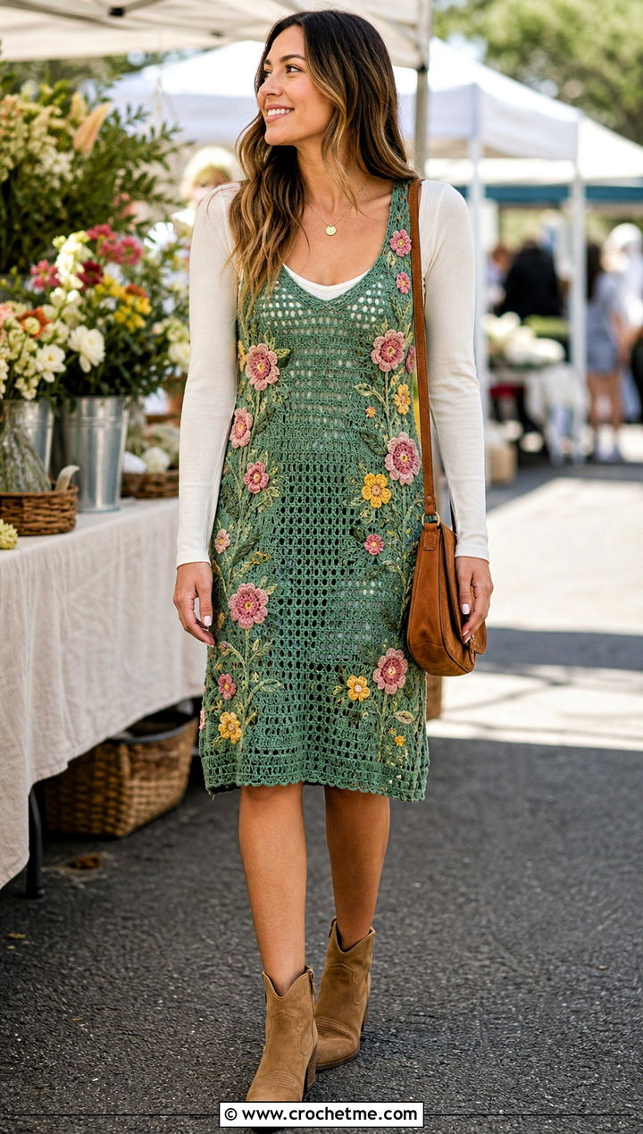 Floral Applique Crochet Jumper Dress With Fitted Top And Western Boots - 15 Crochet Jumper Dress outfit ideas