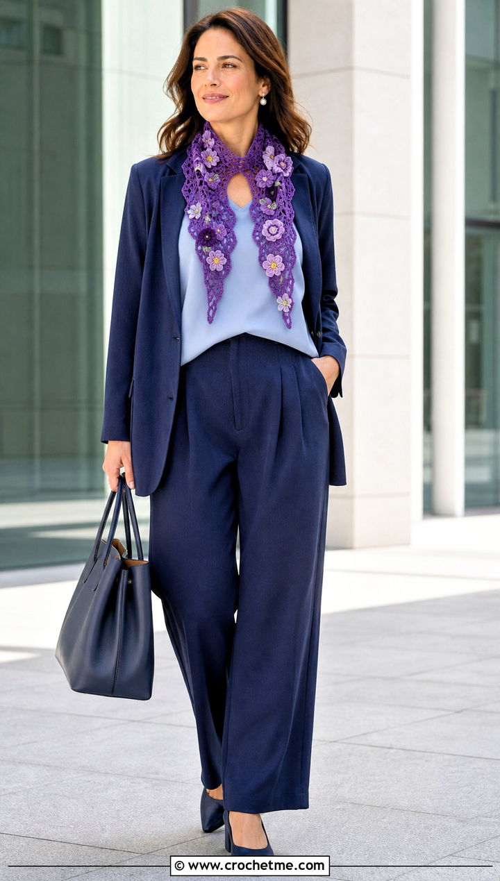 Floral Applique Crochet Keyhole Scarf With Pantsuit - 35 crochet keyhole scarf outfit ideas