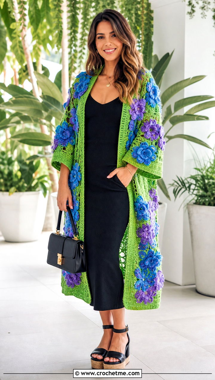 Floral Applique Crochet Kimono Cardigan With Knit Dress - 35 crochet kimono cardigan outfit ideas