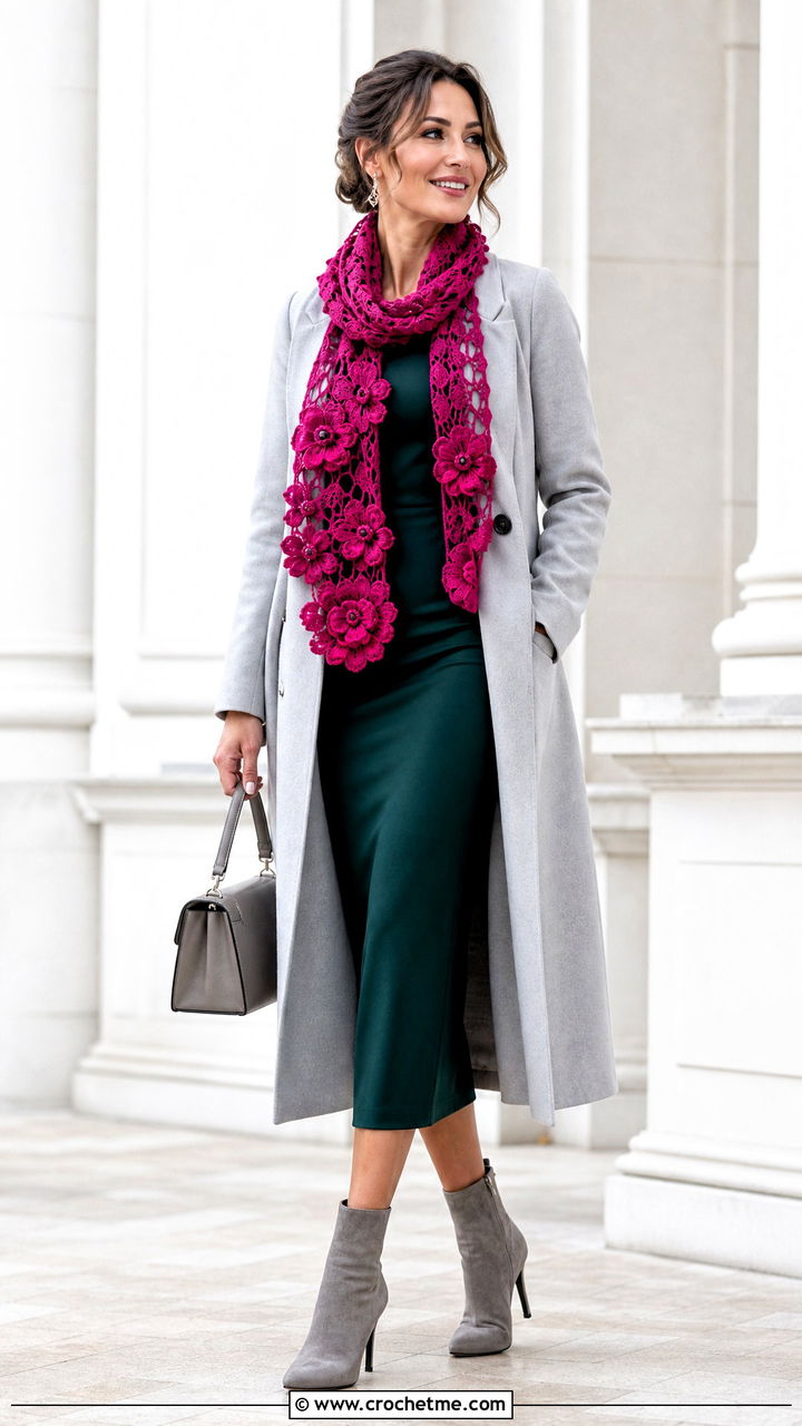 Floral Applique Crochet Lace Scarf With Coat And Column Dress - 35 crochet lace scarf outfit ideas