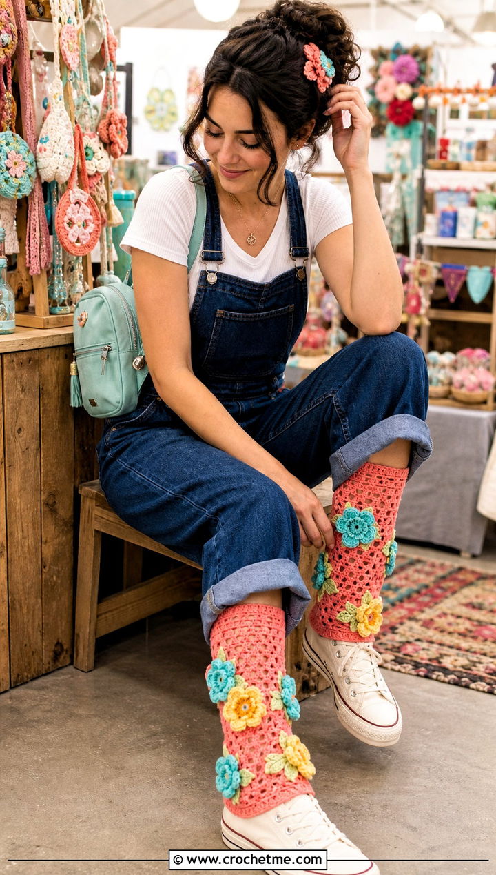 Floral Applique Crochet Leg Warmers With Denim Overalls - 30 cute crochet leg warmers outfit ideas