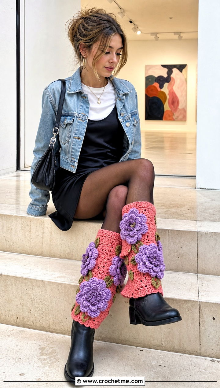 Floral Applique Crochet Leg Warmers With Slip Dress And Denim Jacket - 25 Crochet Legwarmer outfit ideas