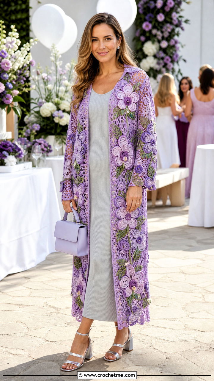 Floral Applique Crochet Long Cardigan With Midi Dress - 35 crochet long cardigan outfit ideas