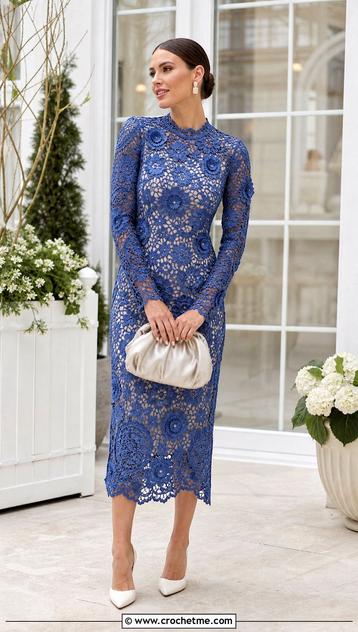 Floral Applique Crochet Long Sleeve Midi Dress With Pointed Pumps - 25 crochet long sleeve dress outfit ideas