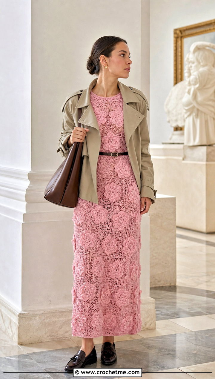 Floral Applique Crochet Maxi Dress With Loafers - 15 floral crochet maxi dress outfit ideas