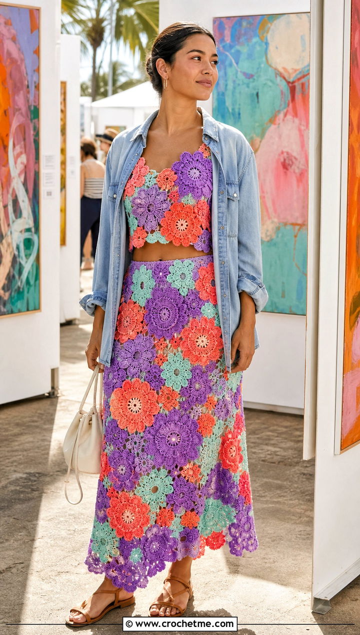 Floral Applique Crochet Maxi Skirt Set With Denim Shirt - 25 two piece crochet skirt set outfit ideas